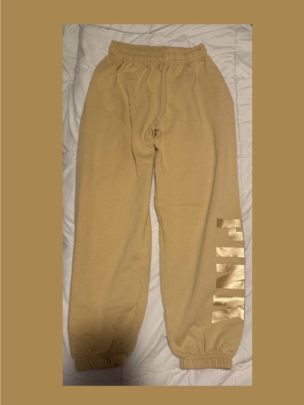 PINK Victorias Secret Jogger Sweatpants Women S Beige Fleece Gold Logo Lounge